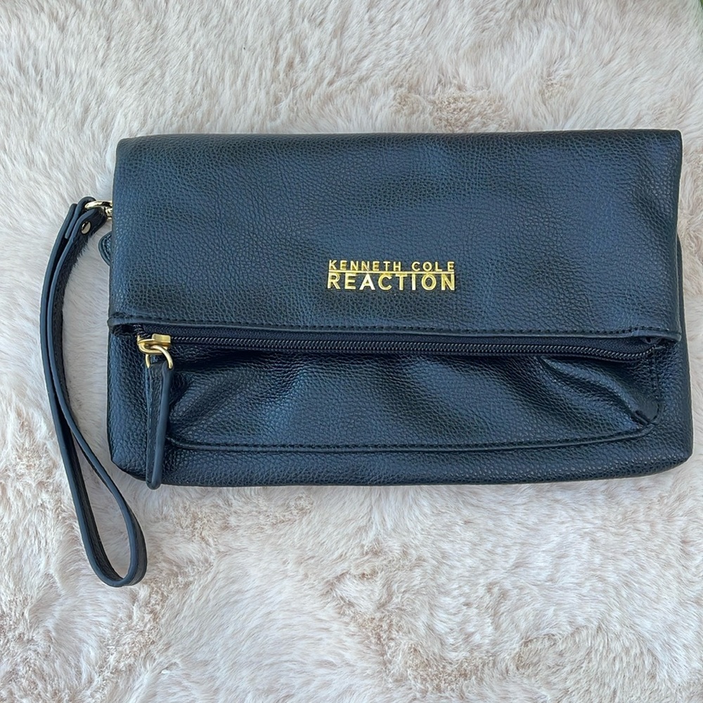 Kenneth Cole Reaction black fold over faux leather wristlet bag